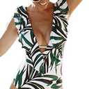 SPORLIKE Women One Piece Swimsuit V-Neck Ruffle Bathing Suit Monokini(Leaves/White,Size S)