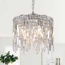 Chrome Crystal Chandelier Small Crystal Pendant Light Fixture 16" Raindrop Flush Mount Hanging Chandelier with Adjustable Chain K9 Crystals 2 Tiers for Kitchen Island Dining Room Bedroom Hallway (Round -16 inches)