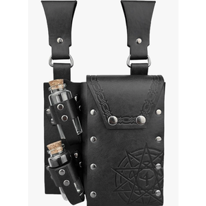 HiiFeuer Medieval Alchemy Faux Leather Belt Bag with 2 Cork Potion Vials, Fantasy Wizard Waist Pouch Side Pack for Ren Faire (Black B)