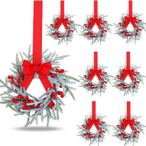 Giegxin 8 Pcs Vintage Small Christmas Wreath for Cabinet Mini Kitchen Wreath with Red Berry Realistic Norfolk Farmhouse Decoration for Xmas Window Indoor Chair Fireplace Porch Candle Decor (No Bows)