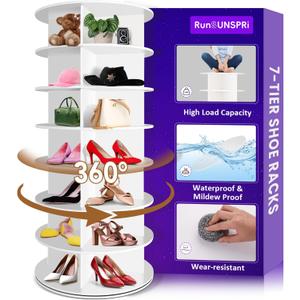 7 Tier Rotating Shoe Rack, 360 Revolving Shoe Organizer, Multifunctional Storage Shoe Rack Tower, Spinning Shoes Carousel Display Lazy Susan, White