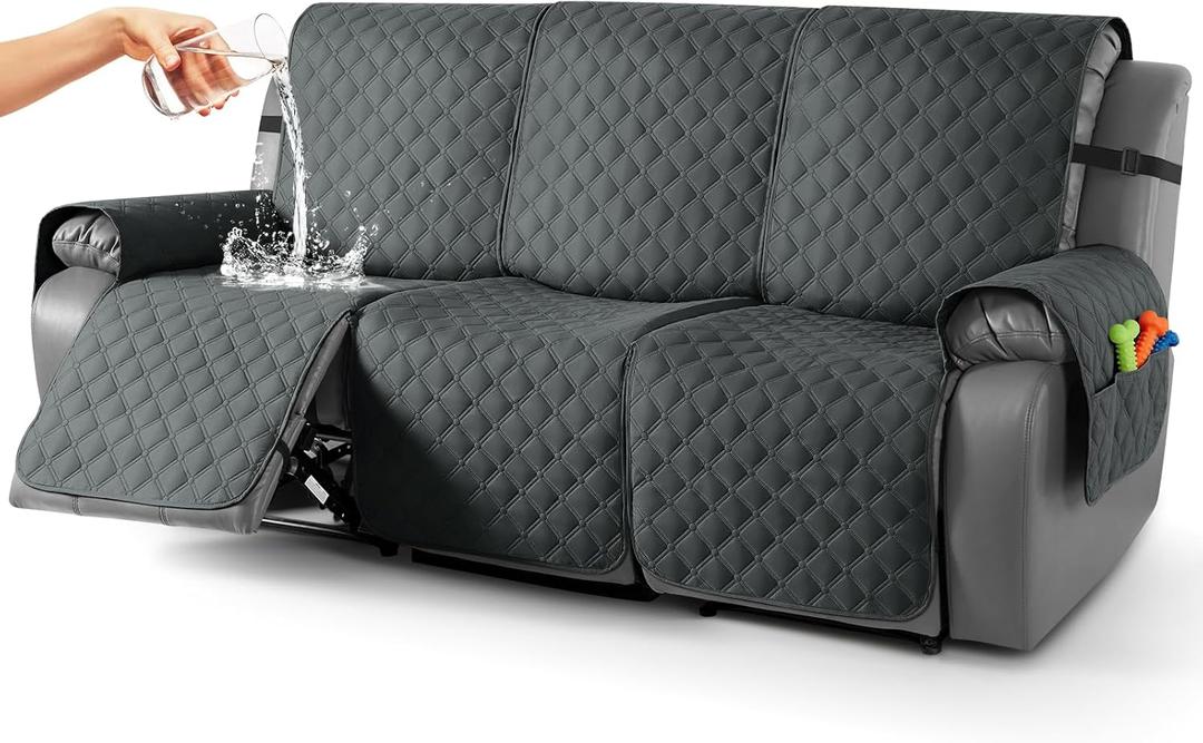 TAOCOCO 100% Waterproof Recliner Covers, Recliner Sofa Covers with Leg Straps, Reversible Recliner Couch Cover for Reclining Chair, Washable Couch Protector for Pets Kids(3 Seater, Dark Gray)