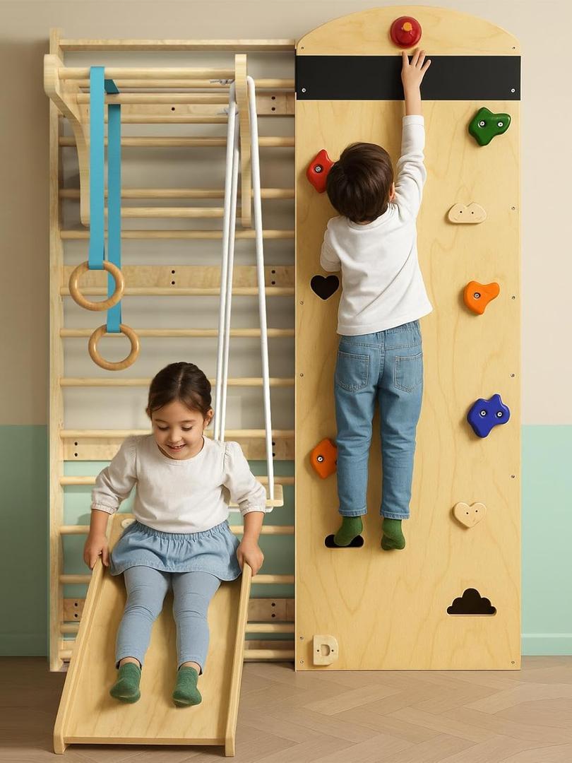 Swedish Ladder 7-in-1, Indoor Wooden Playground, Rock Climbing Wall for Kids and Adults, Kids Indoor Playset, Wooden Jungle Gym, for All Levels and Abilities