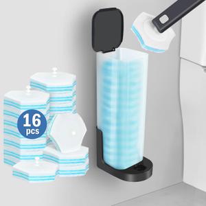 squish Disposable Toilet Brush Cleaning Kit with 16 Refills, Wall Mounted Toilet Brush with No Drilling Adhesive, Space Saving Toilet Cleaning System Kit