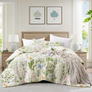 Tritard Botanical Comforter Set Queen Size 3 Piece, Floral Soft Lightweight Comforter Bedding Sets for All Seasons, 1 Reversible Flowers Comforter (90''x90'') and 2 Pillow Shams (20"x26"), White