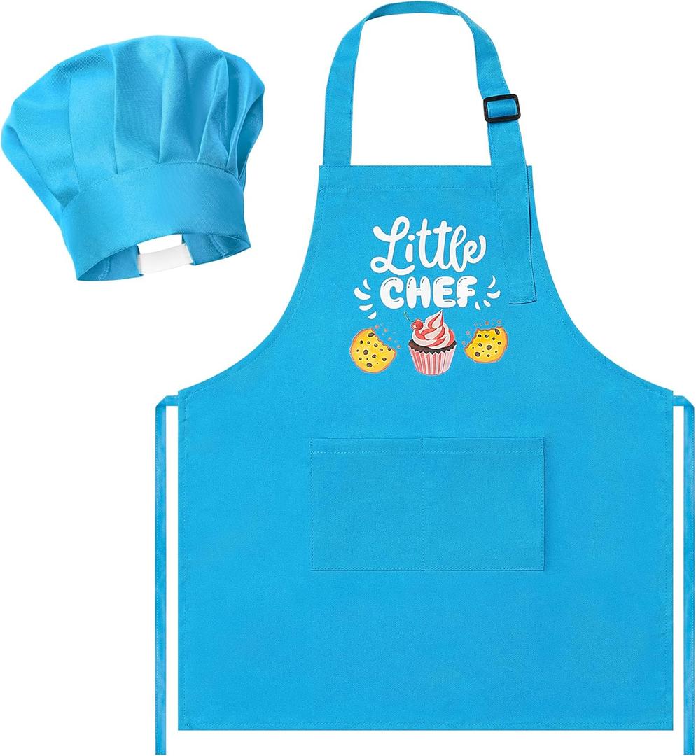 R HORSE 2 Pcs Kid Apron and Chef Hat Set, Adjustable Children Blue Kitchen Apron Cooking Baking Painting and Training Kits Dress up Role Play Chef Toy Kid Funny Cooking Gift New Year