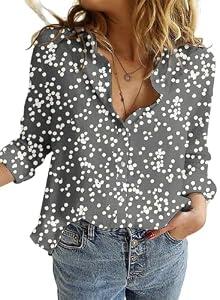 Dokotoo Women's Casual V Neck Alicia Floral Print Roll Up Long Sleeve Chiffon Button Down Blouses Bohemian Top Shirts, 2XL