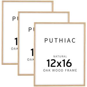 puthiac 12x16 Solid Oak Wood Picture Frame, Fits 8x12 with Mat or 12x16 Without Mat, Wall Display Only, Vertical or Horizontal, Plexi Front, 3 Pack, Natural Oak