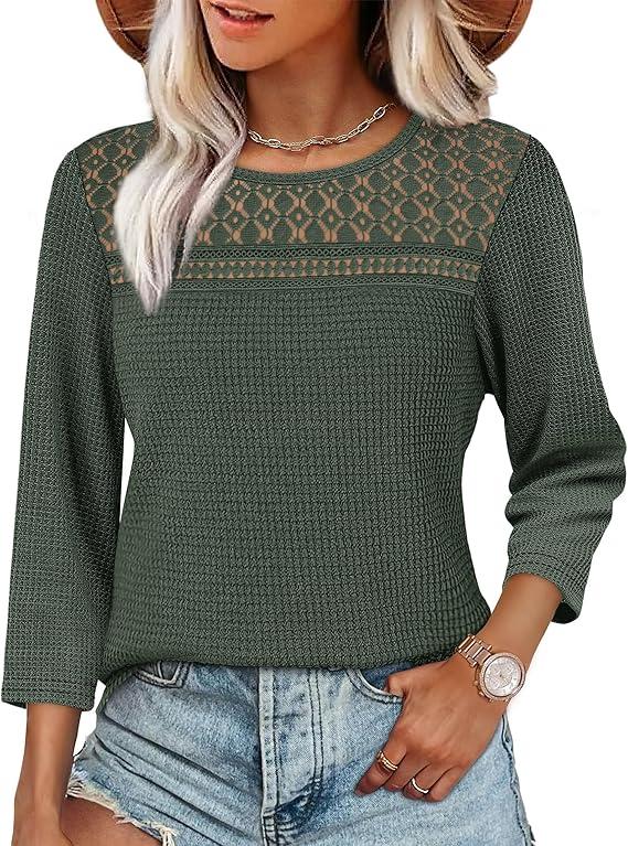 OFEEFAN 3/4 Length Sleeve Womens Tops Early Fall Fashion 2025 Dressy Casual Blouses Lace Front Trendy Waffle Knit Shirts, XXL