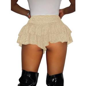 RoseSeek Women's Sequin Glitter Booty Shorts Layered Ruffle Sparkly Skirts High Waisted Club Party Rave Cheeky Skorts, Gold, M