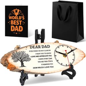 Kenning 3 Pcs Dad Gifts for Fathers Day from Daughter Son, Daddy Birthday Gifts Includes Wooden Clock, World's Best Dad Card and Black Gift Bag for Daddy Papa Fathers Day Present