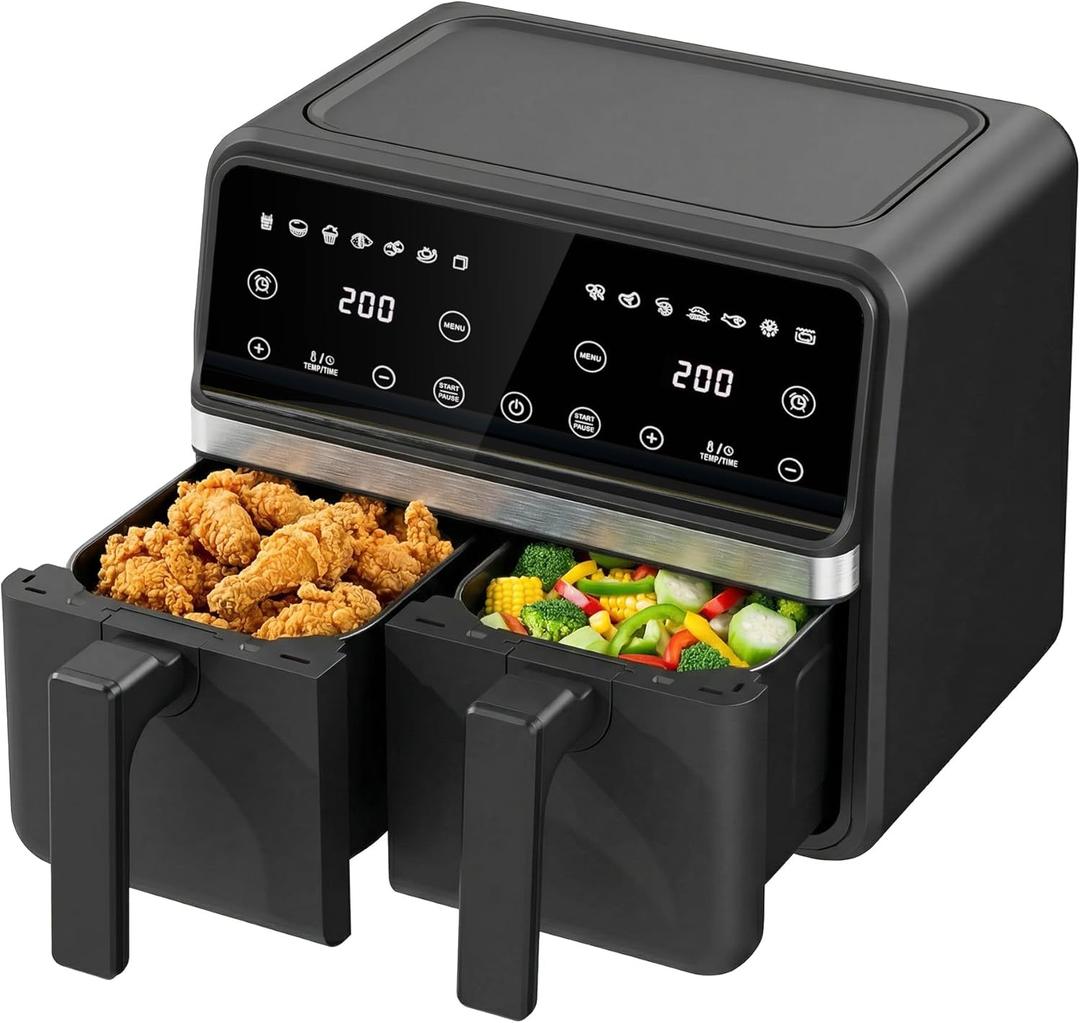 Dual Air Fryer with 2 Independent Baskets, 9QT (2x4.5QT) 2200W Double Air Fryer for Family, Sync & Match Cooking