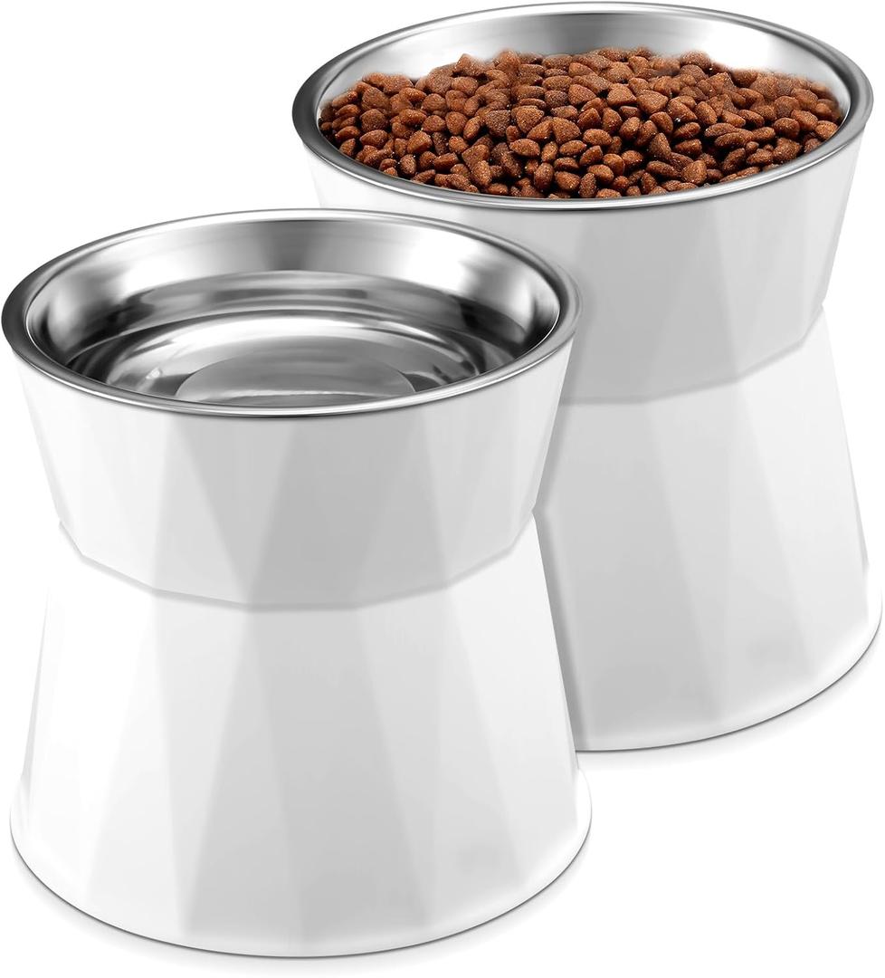 Lallisa 2 Pcs Elevated Cat Bowls Adjustable Raised Cat Feeder Non Slip Food Water with Stand Safe Stainless Steel Bowls with Pet Food Stand for Pets Feeding Eating (White)