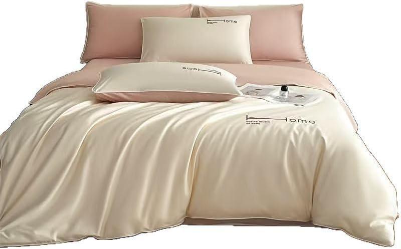 Queen Comforter Set, Light Luxury Embroidered Bedding Pure Cotton Four-Piece Set All-Cotton Four-Season Universal Solid Color Bedding(Color 1,King Size)