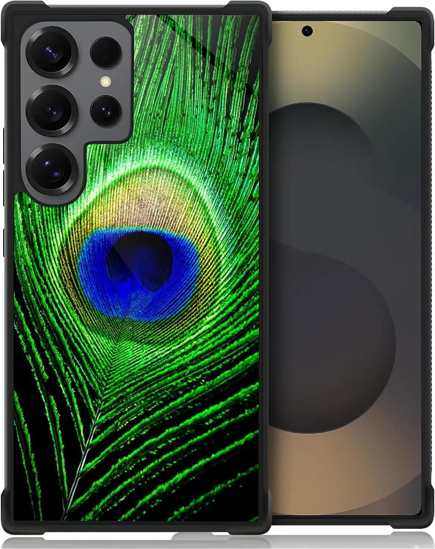 CARLOCA Compatible with Samsung Galaxy S25 Ultra Case, Green Peacock Feather Pattern for Girl Ultra Protection Shockproof Soft Silicone TPU Non-Slip Back