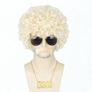 Topcosplay 5pcs Set Blonde 70s 80s Disco Wig for Men Women Afro Wig Rock Party Outfit Short Curly Wigs Halloween Costume Accessories