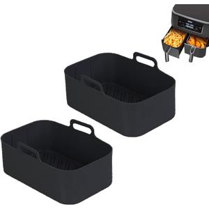 2pcs Air Fryer Silicone Pot for Ninja Foodi Dual DZ201,Reusable Air Fryer Silicone Liners,Rectangle Air Fryer Basket 8QT, Air fryer Accessories (2PCS, black)