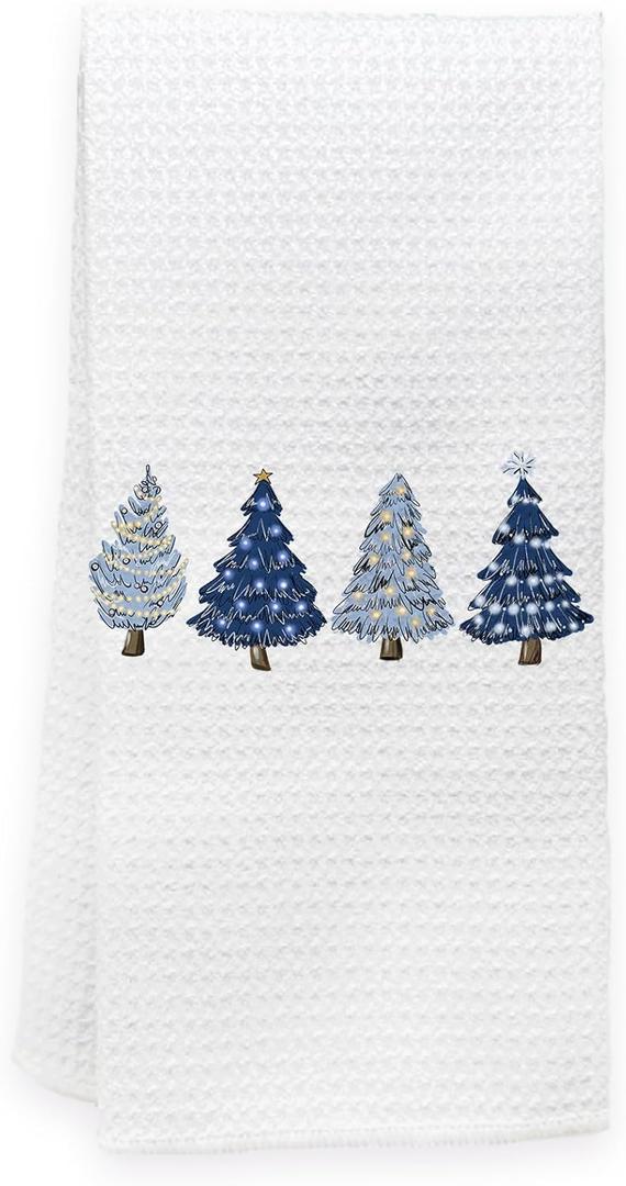 KEUSPI Farmhouse Vintage Navy Blue Christmas Tree Waffle Kitchen Towel Dish Towel Cloth,Winter Xmas Holiday Drying Cloth Tea Hand Towels for Kitchen Drying Washing (Christmas Trees Navy Blue)