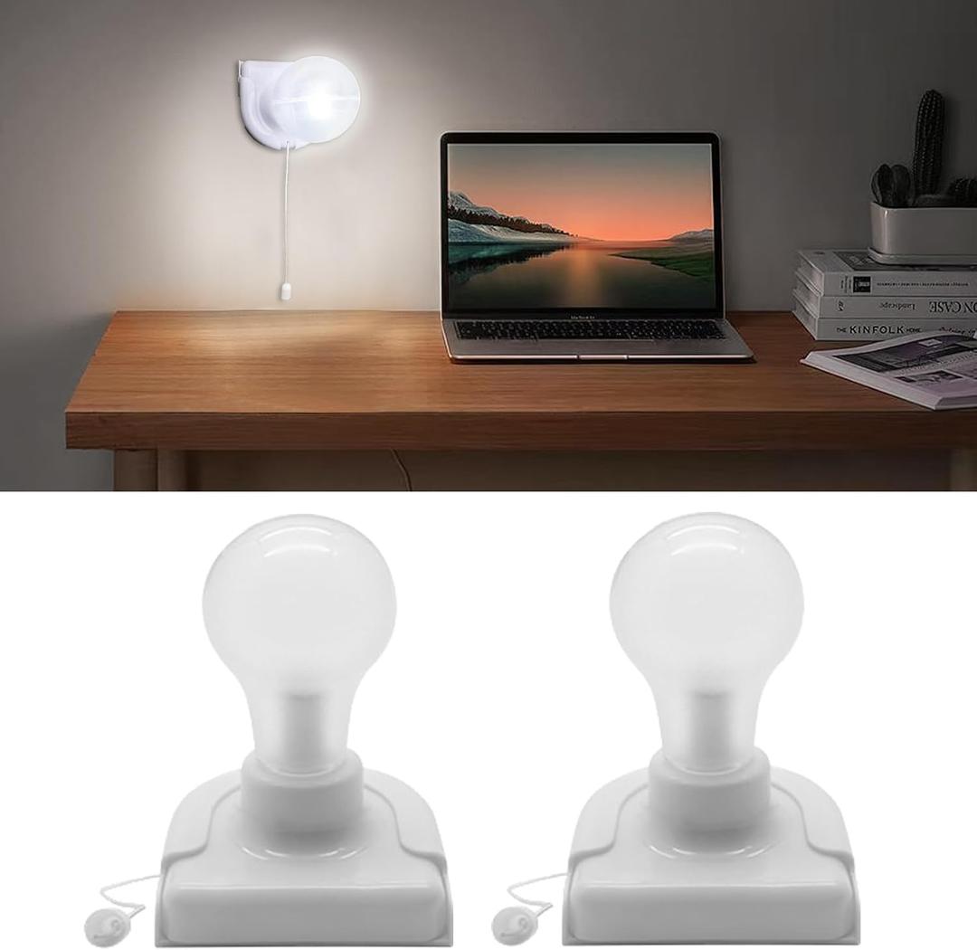 Battery Operated Light Bulb with Pull Chain, 2 Pack Wireless Stick-Up LED Closet Light Bulb, Self Adhesive Wall Mounted Light Fixture for Cabinet Bedroom Living Room Kitchen, Clear Cover