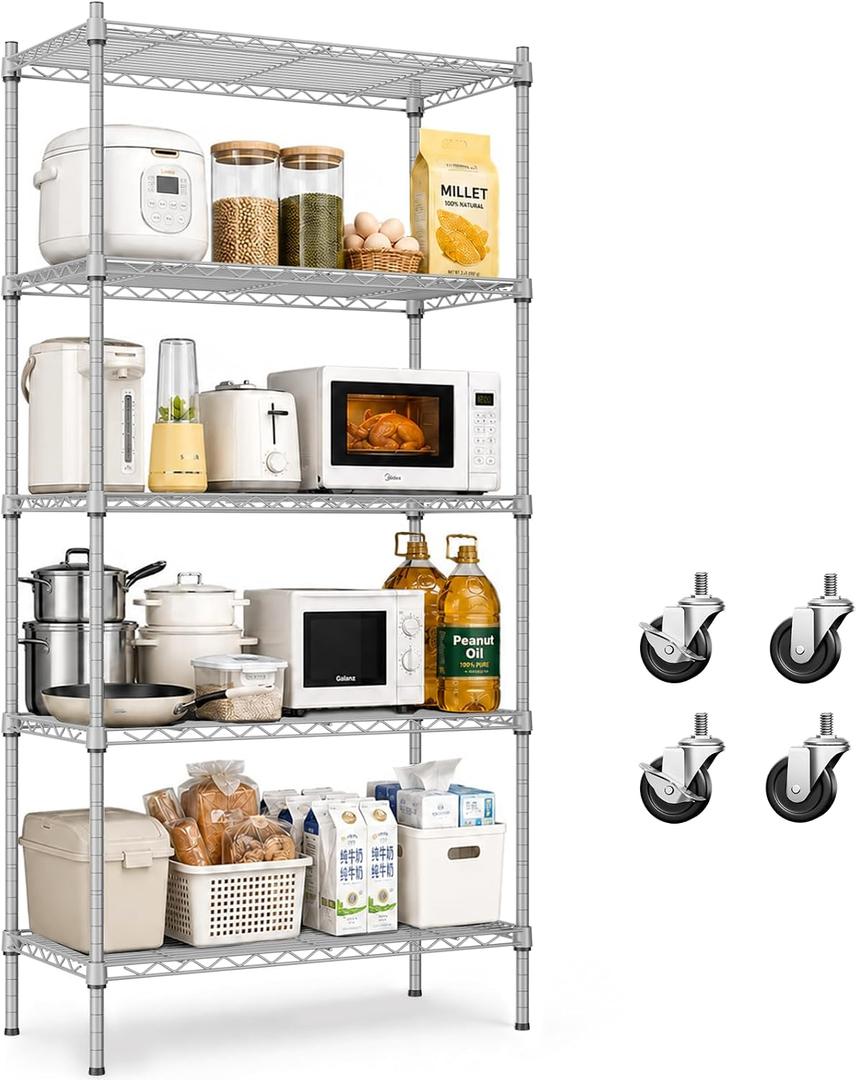 5 Tier Wire Shelving Unit, 61" H Heavy Duty Metal Storage Shelves, 5-Tier-29.5"W x 13.8"D x 61"H