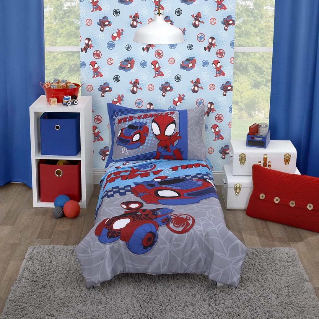 NoJo Marvel Spiderman Spidey and his Amazing Friends Spidey Time Red, Blue, and Grey 4 Piece Toddler Bed Set - Comforter, Fitted Bottom Sheet, Flat Top Sheet, and Reversible Pillowcase