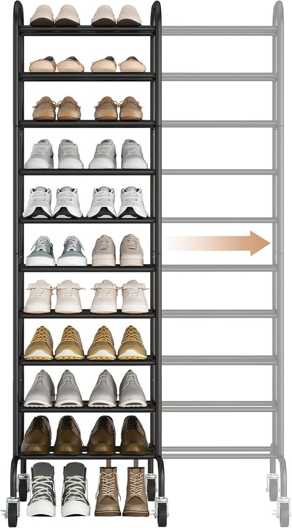STORAGE MANIAC 10-Tier Expandable Shoe Rack, 44 Pairs Tall Vertical Shoe Rack, Heavy-Duty Metal Adjustable Shoes Organizer for Closet, Entryway, Hallway, Garage, Front Door, Shoes Shelves, Black