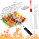 Grill Basket for Outdoor Grill, Stainless Steel Grilling Basket with Foldable Handle, Portable BBQ Cooking Rack for Fish, Vegetables, Shrimp, Chicken - Includes BBQ Skewers 6pcs,Basting Brush,Scrub Sponge-Upgrade