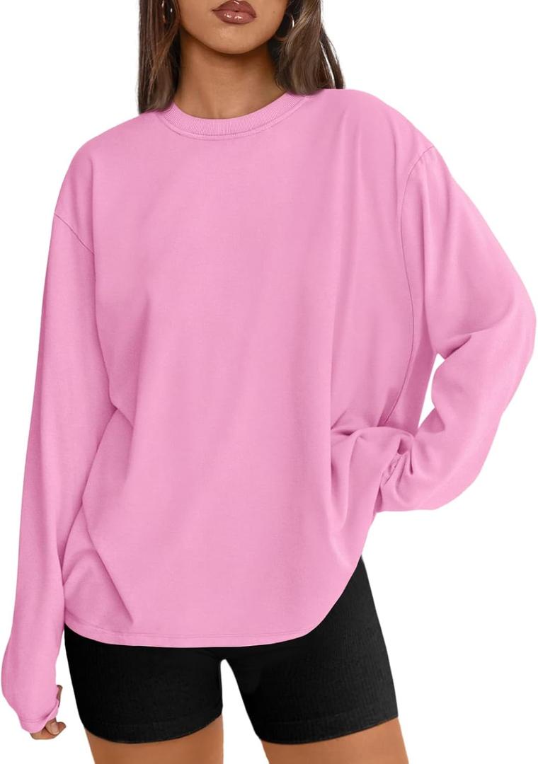 Trendy Queen Womens Oversized Long Sleeve T Shirts 2025 Basic Crewneck Tee Fall Tops Casual Workout Y2K Clothes (Small, Pink)