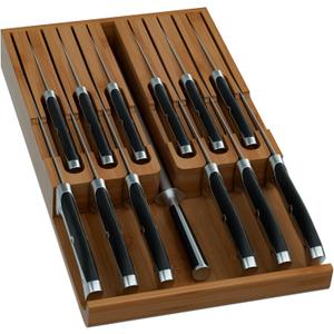 Domax Bamboo In-drawer Knife Block - Kitchen Knife Drawer Organizer Insert, Steak Knife Holder Without Knives, Drawer Knife Organizer Fits for 12 knives and 1 Sharpening Steel (Not Included), Walnut
