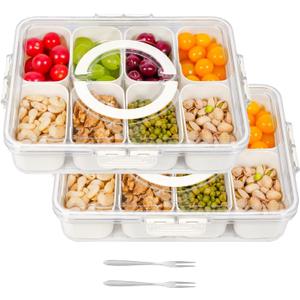 2 Pack Divided Serving Tray with Lid and Handle, Snackle Box Charcuterie Container Portable for Snack Platters Reusable Clear Organizer 8 Compartments for Candy, Fruits, Nuts for Party Entertaining