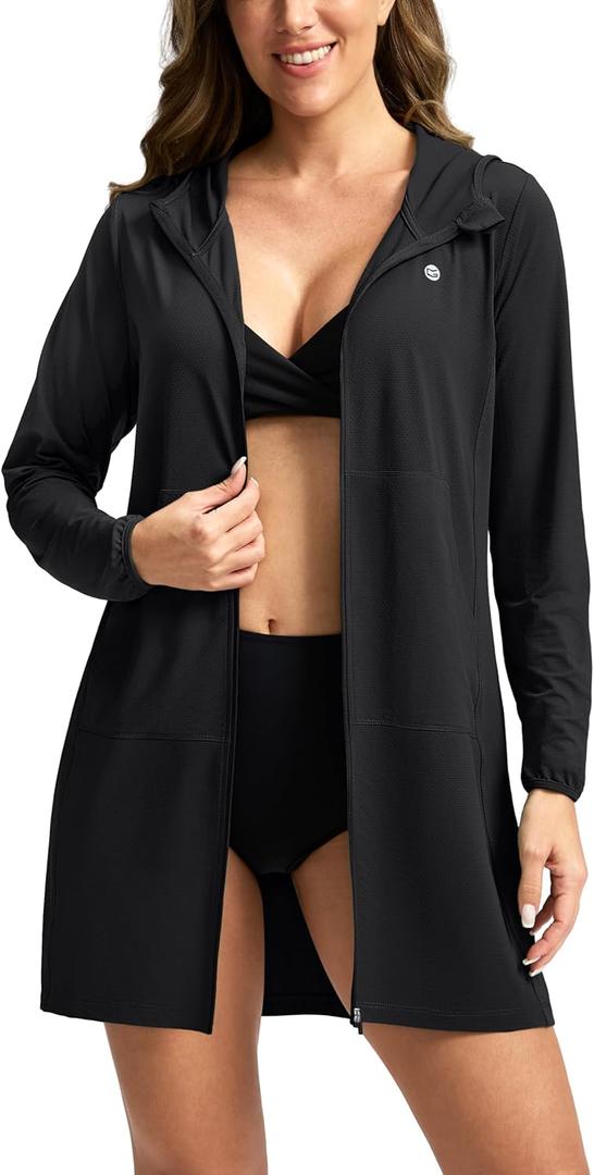 Women's UPF 50+ Swim Cover Up Sun Protection Hoodie Long Jacket SPF Lightweight Beach Cover Ups for Women (X-Large, Black)