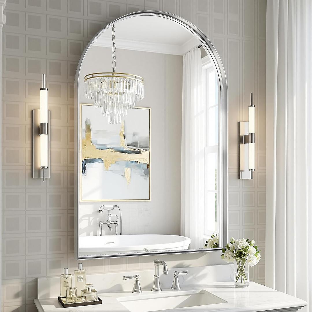 Arched Bathroom Mirror, 24x36 Inch Silver Arched Wall Mirror with Metal Deep Frame, Arch Mirrors for Wall Decor, Vanity, Entryway, Living Room