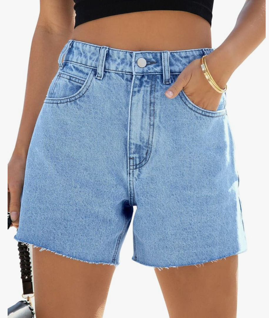 Cicy Bell Womens High Waisted Jean Shorts Summer Baggy Stretchy Straight Leg Raw Hem Mom Denim Shorts, Size 14