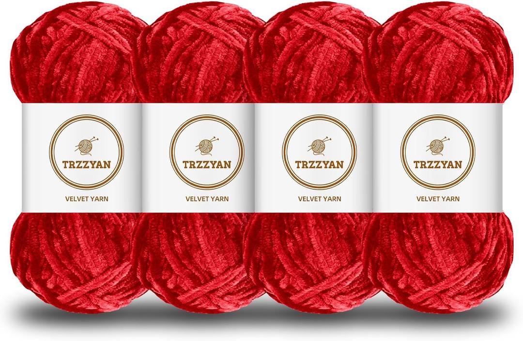 3.5 oz/Skein Chenille Plush Velour Cozy Float Lines for Fancy Lines for Crochet DIY Thick Weave Making Toys, Clothing (4 skeins, red)