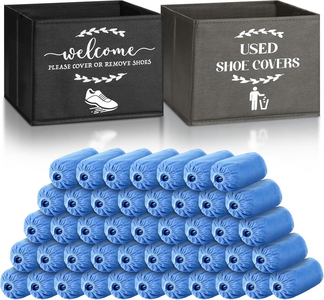 Suzile 200 Pcs Disposable Shoe Covers with 2 Pcs Box Open House Supplies Foldable Booties Shoe Covers Holder Storage Bin for House Indoor Guest Supplies, 10 x 10 x 8 Inch (Black,Gray,Blue)