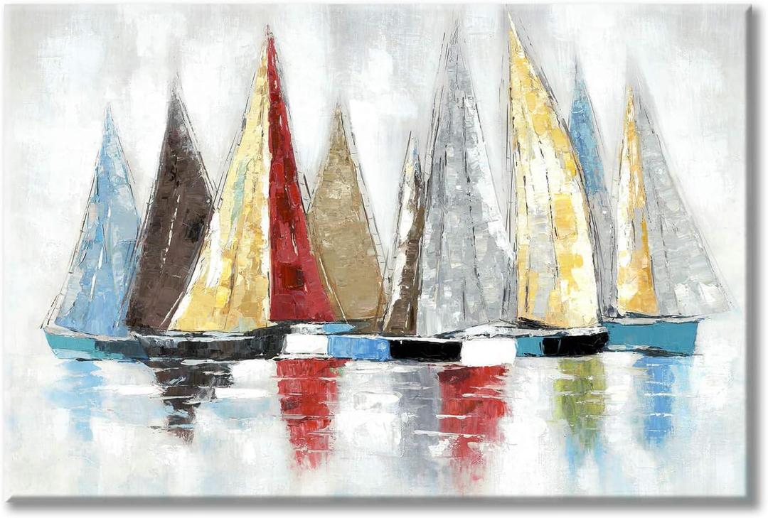 Abstract Sailboat Canvas Wall Art: Colorful Boat Painting Quiet Seascape Artwork Painting for Living Room (36'' x 24'' x 1 Panel)