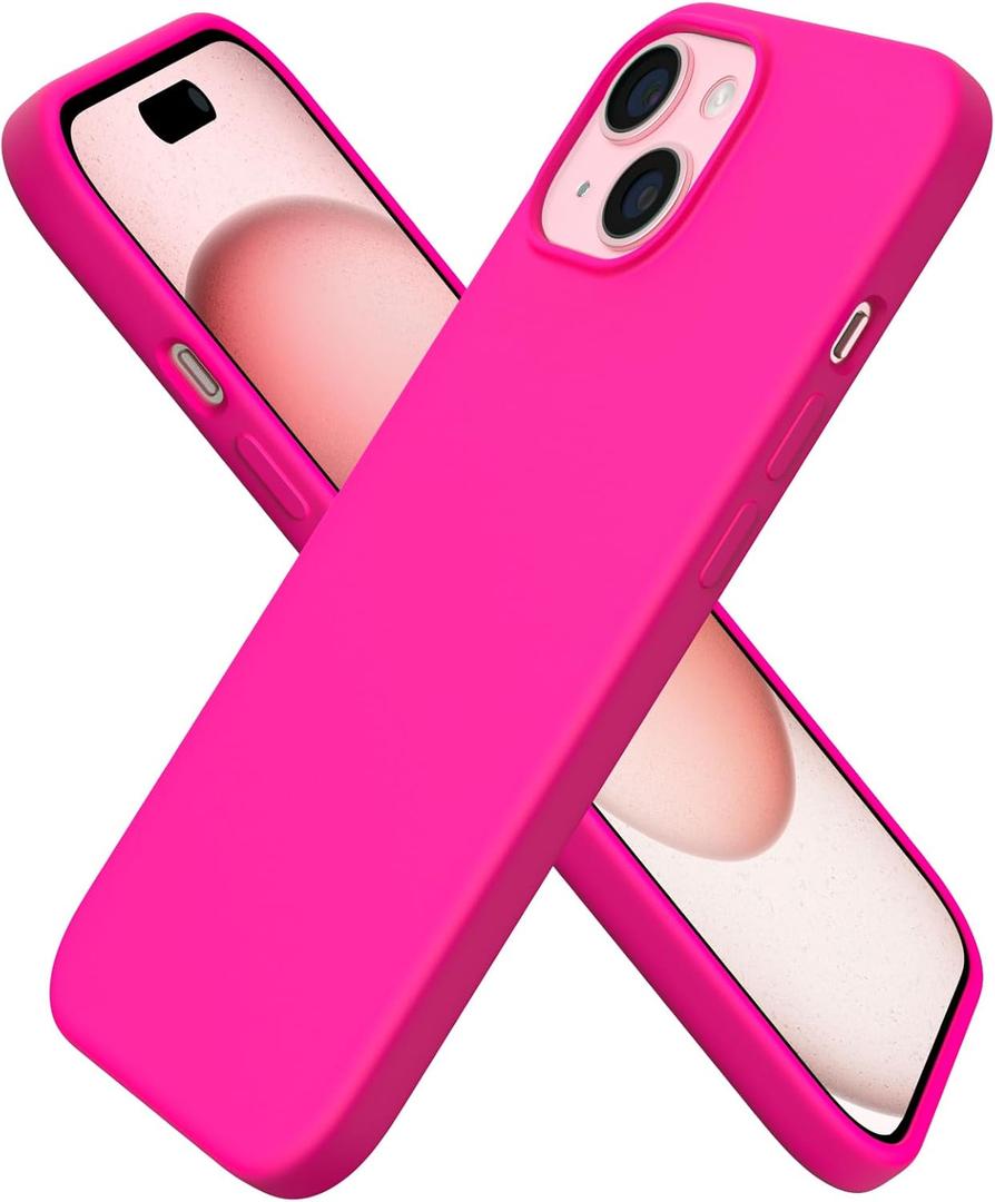 ORNARTO Compatible with iPhone 15 Case 6.1, Slim Liquid Silicone 3 Layers Full Covered Soft Gel Rubber Phone Case, Anti-Scratch Shockproof Protective Cover 6.1 Inch, Hot Pink