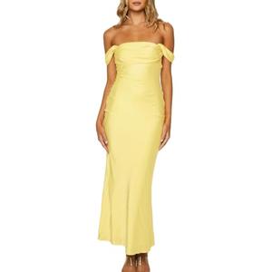Realtix Elegant Satin Off The Shoulder Ruched Backless Maxi Dress for Women Strapless Tube Sleeveless Fitted Bridesmaid Dresses Yellow, M