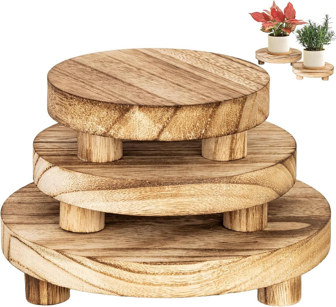 RFORPLY 3 pcs Wooden Stool Display Stand, Round Plant Stand, Farmhouse Indoor Small Plant Stand Round Display Stand Wood Flower Pot Supports Plant for Indoor Outdoor Home, Garden Patio Decorative