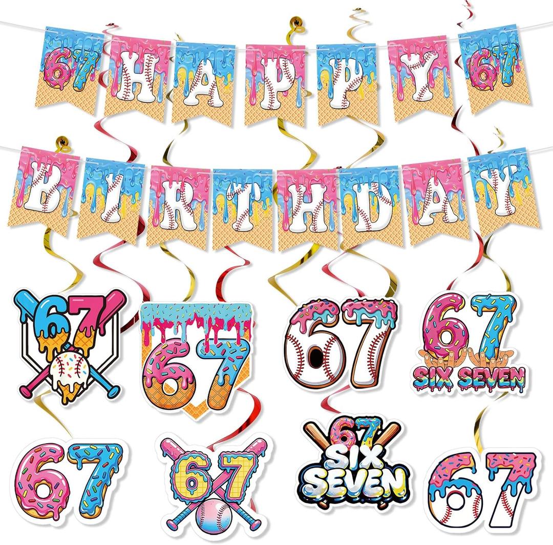2 x Supervitae 33 Pcs 6 7 Theme Ice Cream Drip Baseball Birthday Baseball Banner Sports Party Decoration Supply Ice Cream Drip Banner for Team Birthday Festival for Coach Player Sports Lover