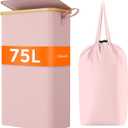 Lifewit 75L Slim Laundry Hamper with Lid, Narrow Laundry Basket with Removable Bag & Bamboo Handles, Fodable Thin Dirty Clothes Hamper for Laundry Collapsible Bin for Bathroom Bedroom Dorm, Pink
