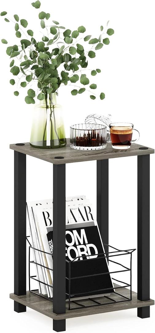 Furinno Simplistic 1-Tier End Side Night Stand/Bedside Table with Plastic Poles, French Oak Grey/Black