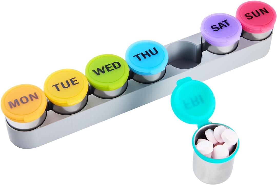 Weekly Stainless Steel Pill Organizer 7 Day, Magnetic Refrigerator Mountable Pill Box Case with Silicone-Sealed Lid for Travel, Waterproof Medicine Container, Portable Daliy Pill Holder (Multicolor)