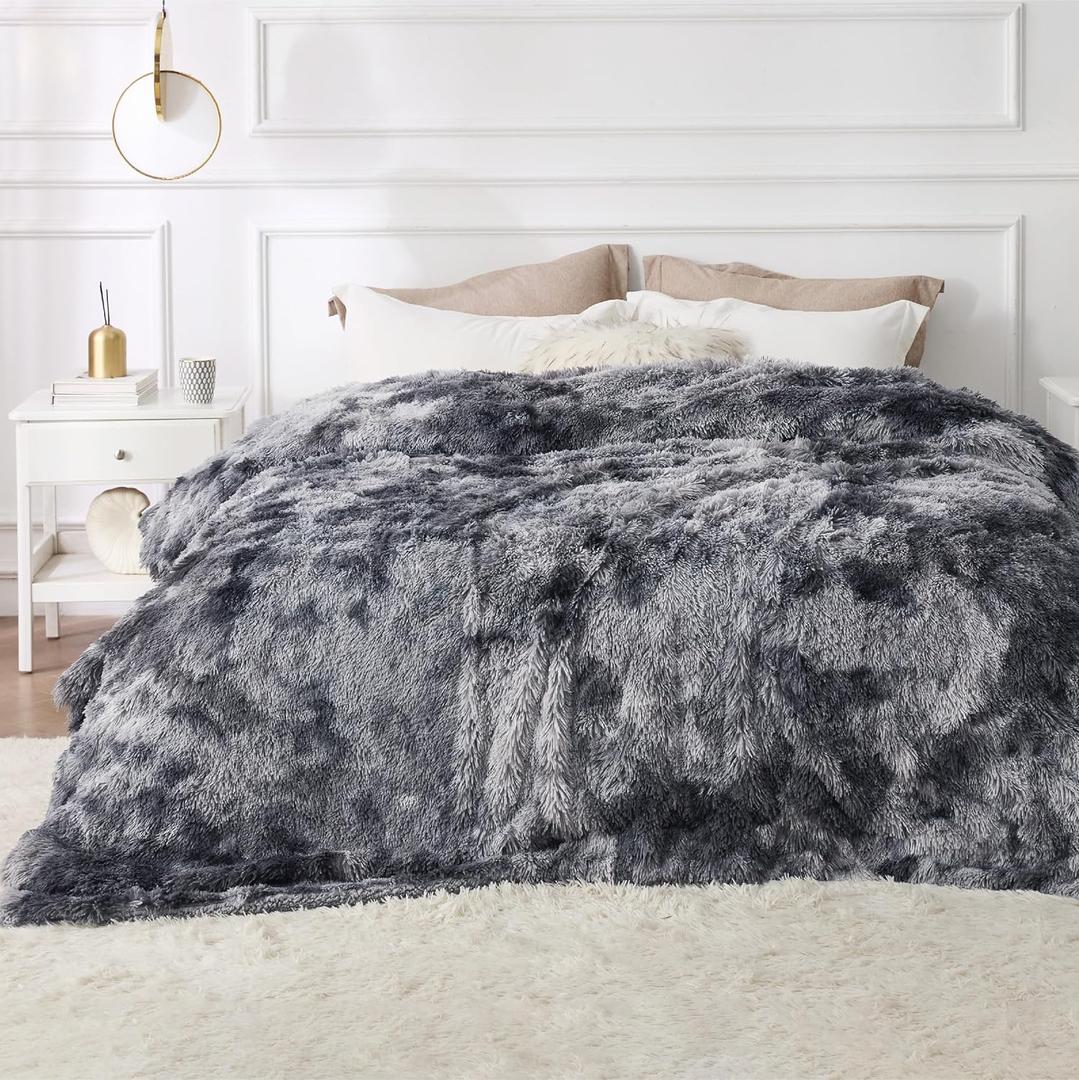 Bedsure GentleSoft Fluffy Sherpa Fleece Faux Fur Blankets Queen Size for Bed, Bedroom Decor Winter Bedding Thick Warm Full Queen Blankets, Fuzzy Plush Soft Heavy Mink Cozy Gifts, Tie Dye Grey, 90x90