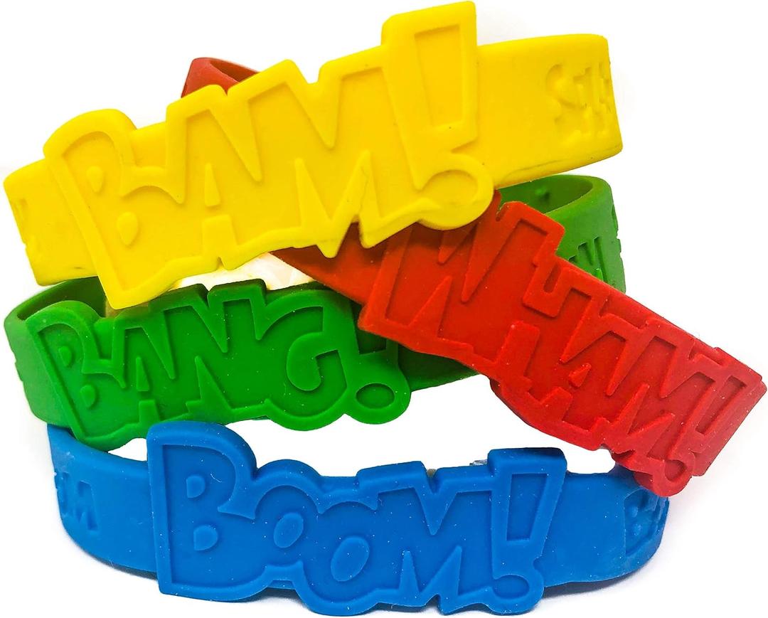 Podzly 48 Superhero Bracelet Party Pack - Comic Book Style Hero Bracelets for Kids - Rubber Superhero Saying Wristbands Great for Birthday, Party Favors, Accessories, Classroom Prizes & More