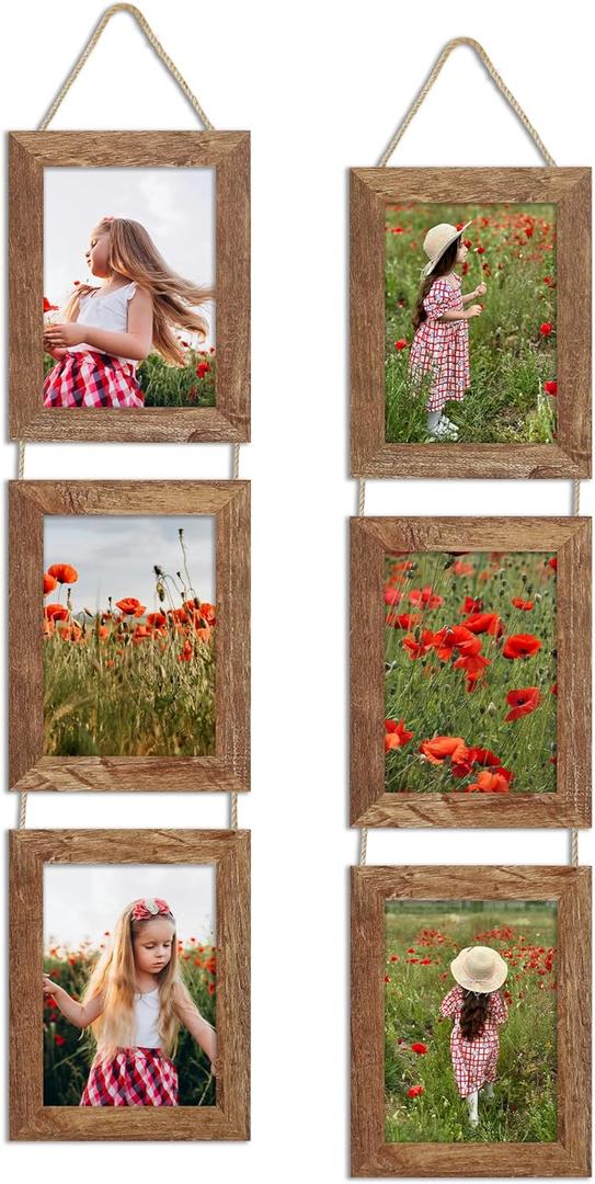 5x7 Collage Picture Frames Set of 2, Rustic Wooden Real Glass Vertical Hanging 3 Opening 5 by 7 Photo Frame, Rustic Brown