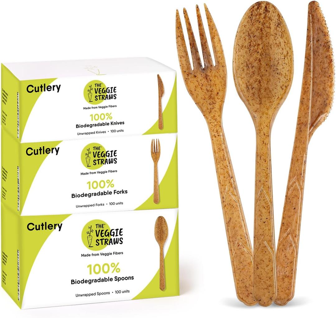 100% Biodegradable Cutlery Made of Vegetable Fibers, 300 PCS of 6.7 Long Heavy-Duty and Splinter Free Eco-Friendly Spoons, Forks & Knives, Perfect Sustainable Cutlery by The Veggie Straws