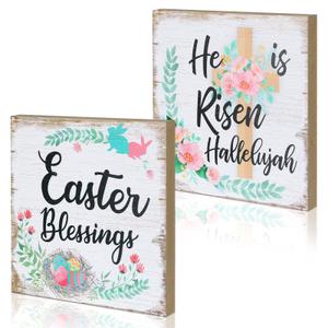 2 Pieces Easter Wood Sign Rustic Flower Easter Blessings He Is Risen Hallelujah Happy Easter Wooden Table Sign Easter Centerpieces Religious Easter Decorations for Home Dining Table