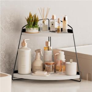Puricon Corner Bathroom Counter Organizer, 2-Tier Wood Countertop Sink Corner Shelf, Vanity Corner Counter Rack - White