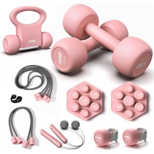 HTQ Adjustable Dumbbell Set for Women, 2-17LBS Total Plate Weight Home Workout Equipment with Kettlebell, Wrist Weights, Resistance Tube, Jump Rope, Pink/Green Free Weights Set for Women at Home